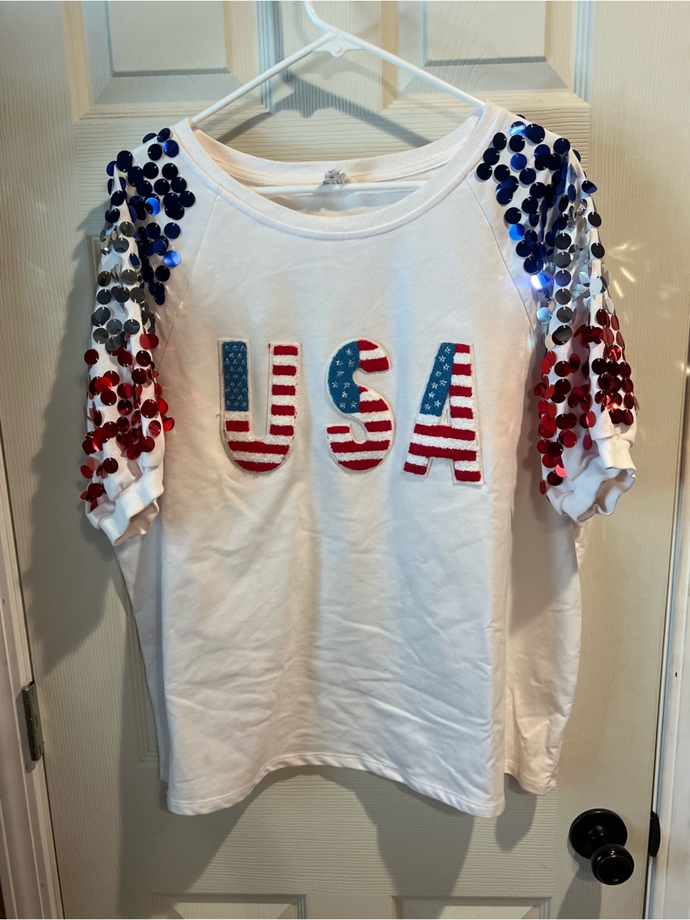 USA Sequin Sleeve Women's Top - White, Red & Blue
